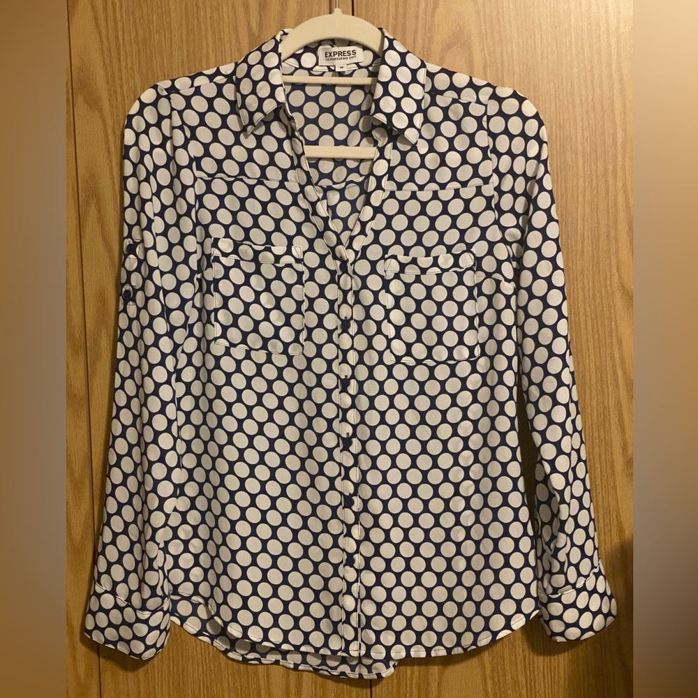 Express Portofino Shirt Navy Blue White Polka Dot Button Down Blouse Size XS